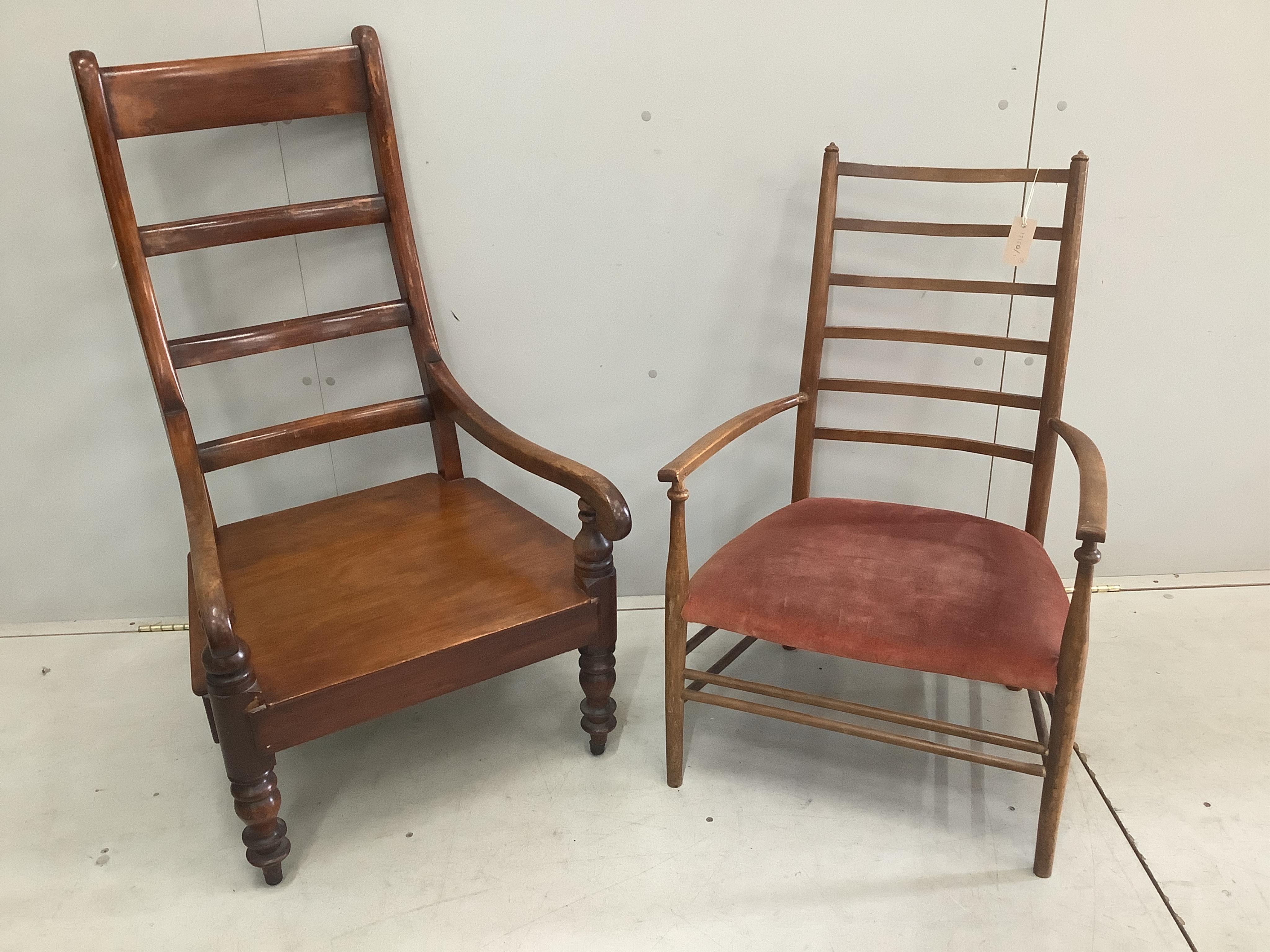 A Victorian Provincial mahogany ladderback armchair, height 107cm, together with an Arts & Crafts mahogany ladderback chair